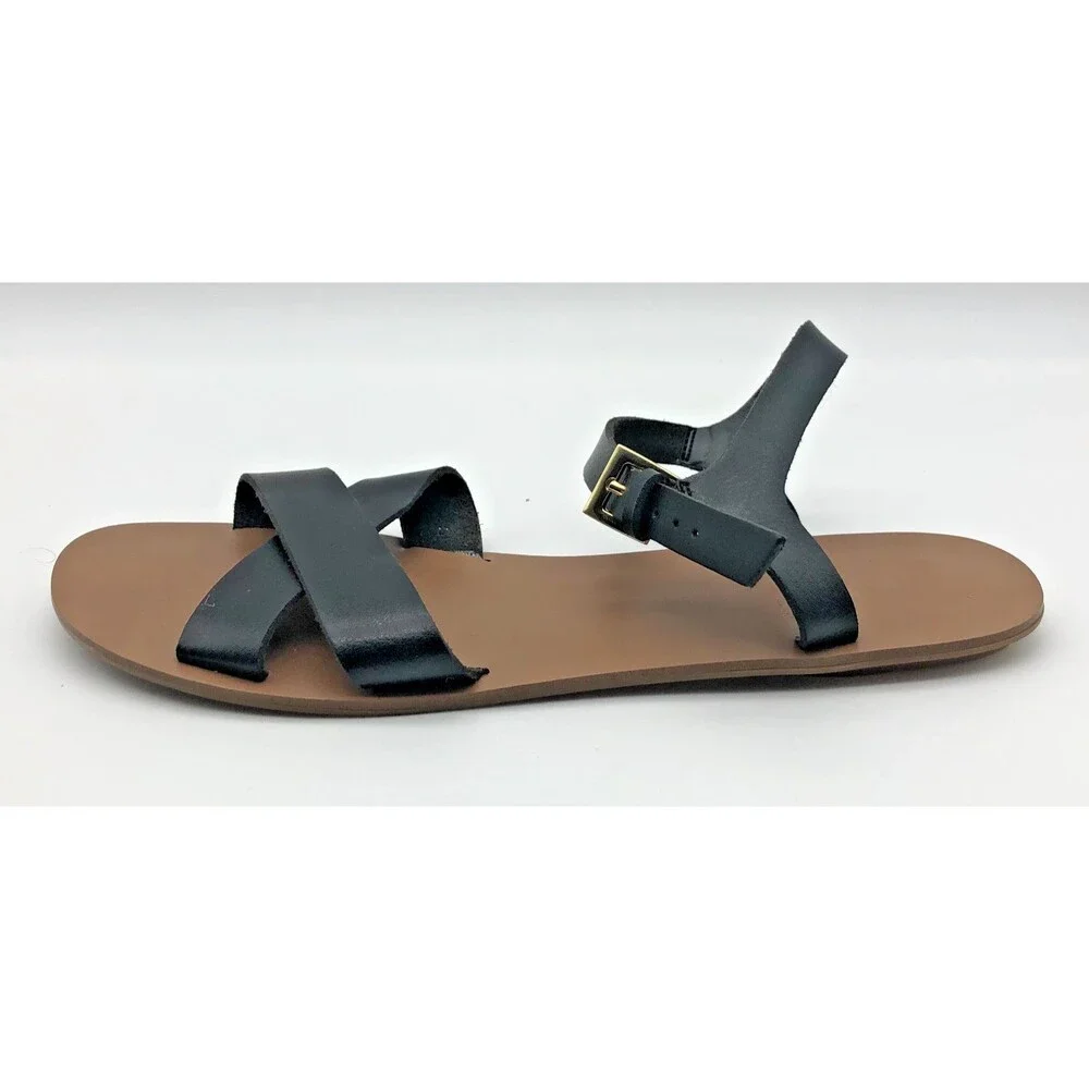 J Crew Sandals Size 9 Black Faux Leather Cross Strap Buckle Close Flat NEW